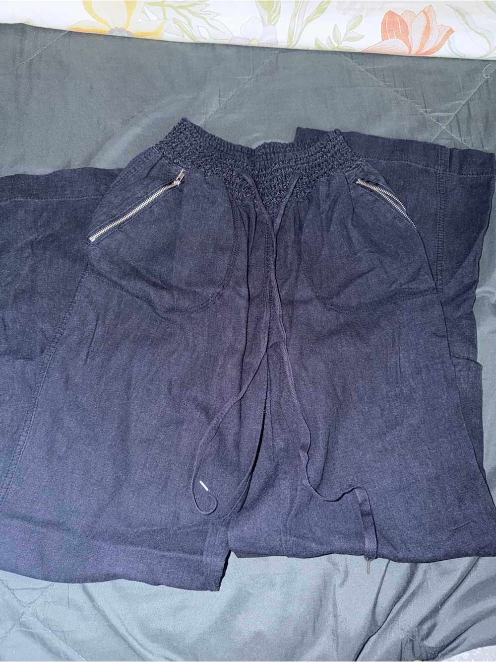 Ci Sono Dark Navy Wide Leg Pants with Smocked Waist and Zip Pockets